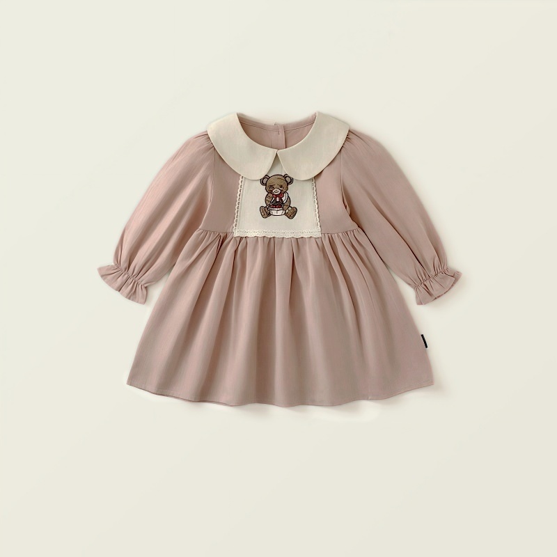 Baby Girl Babydoll Collar Bear Embroidery Long Sleeve Dress
