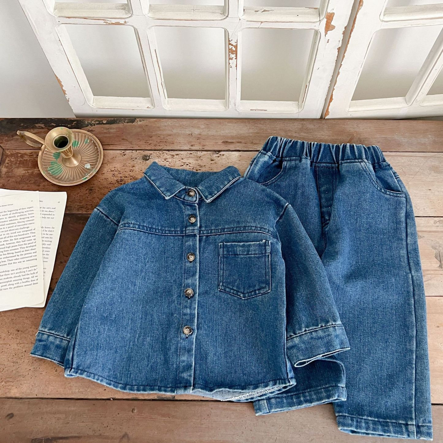 2pcs Baby Solid Color Denim Jacket and Pants Set-kissminis