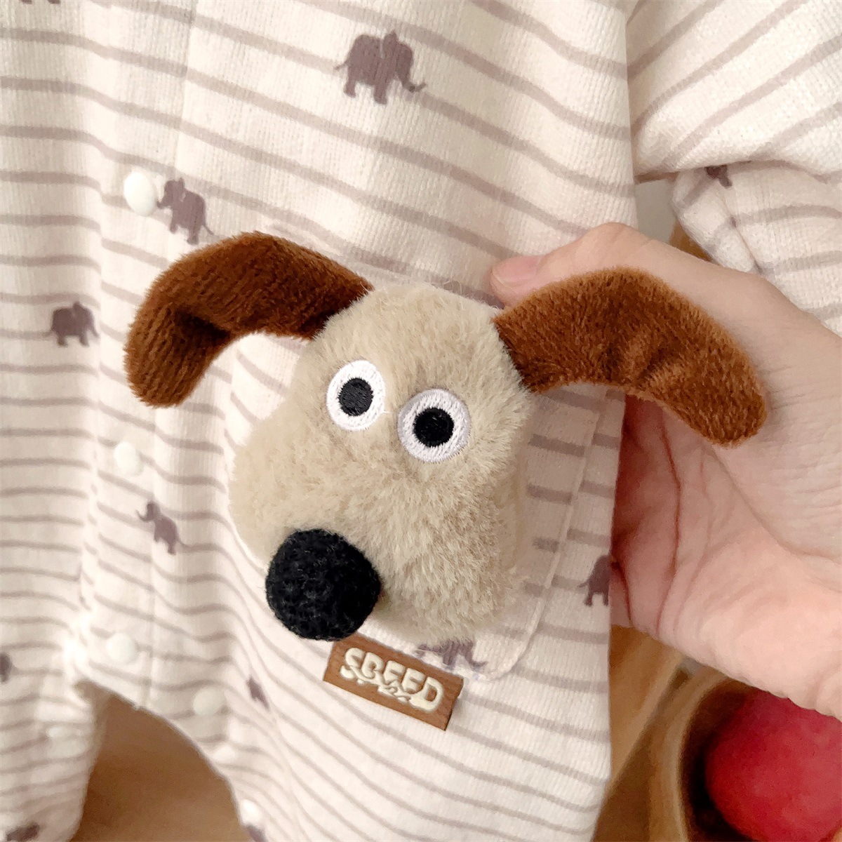 Elephant Print and 3D Dog Decoration on Pocket Striped Romper