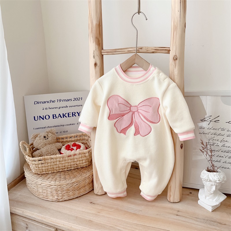 Baby Girl Super Cute Thickened Plush Butterfly Knot Pattern with Long Sleeve Romper-kissminis
