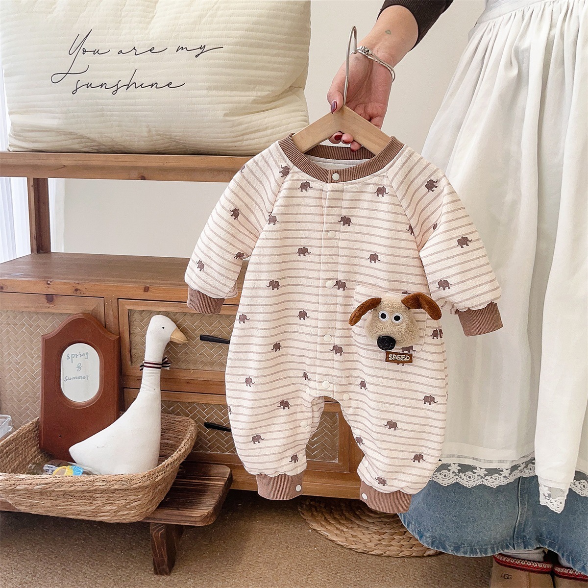 Elephant Print and 3D Dog Decoration on Pocket Striped Romper