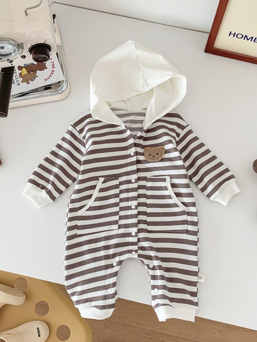 Baby Boy/Girl Cartoon Bear Graphic Hooded Long Sleeve Romper-kissminis