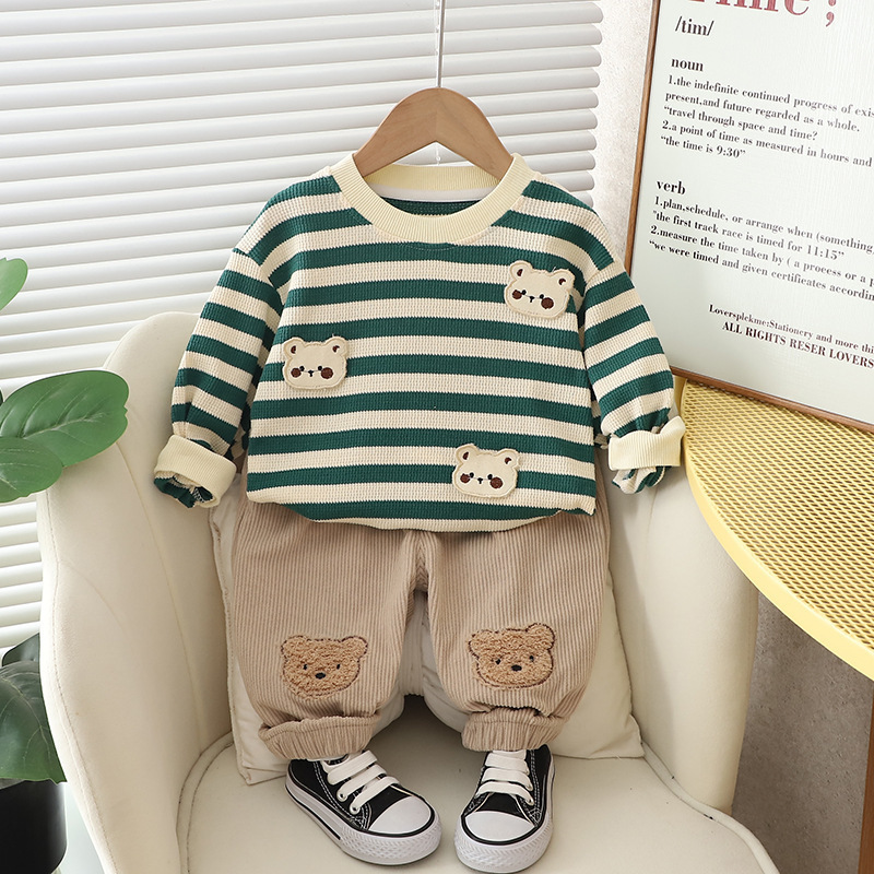 2pcs Toddler Striped and Bear Graphic Sweatshirt and Pant Set-kissminis