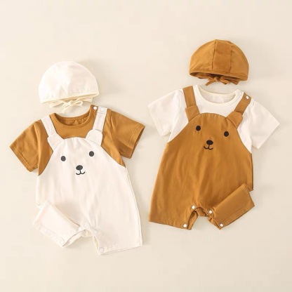 2pcs Soft Comfortable Baby Boy Mock Two-Piece Overalls & Hat Romper Set