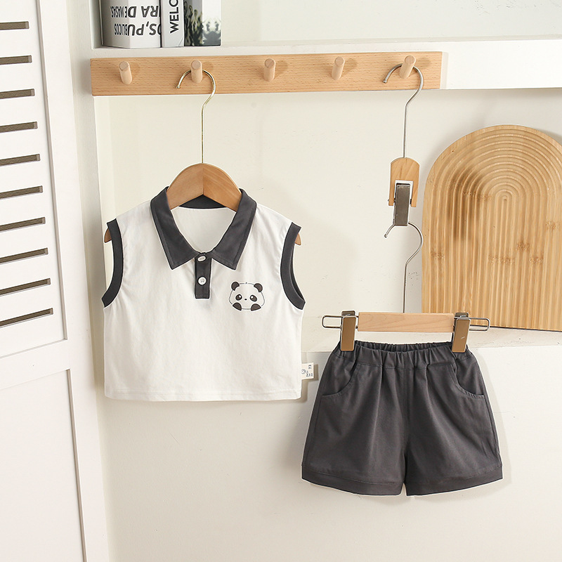 Sleeveless Polo Top with Panda Embroidered Detail Shorts Set