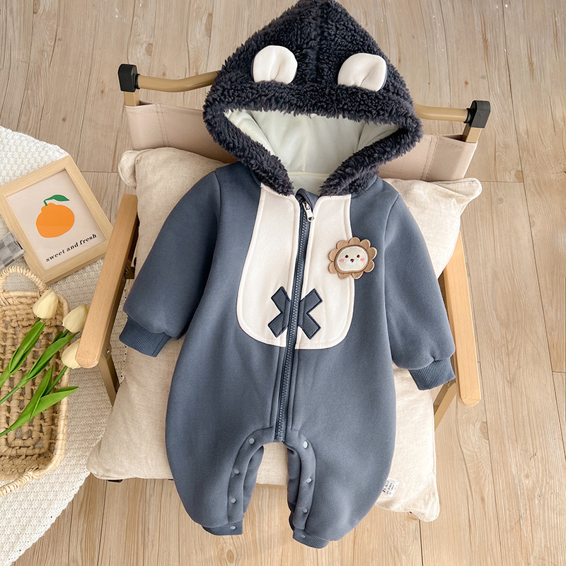 Baby Boy/Girl Cute Lion Design Winter Thicken Fluff Long Sleeve Hooded Romper-kissminis
