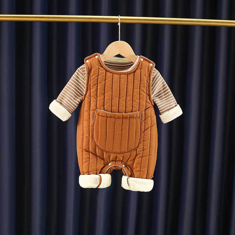2pcs Baby Boy/Girl Winter Fleece Stripe Line Solid Color Overall Romper with Sweatshirt Set-kissminis
