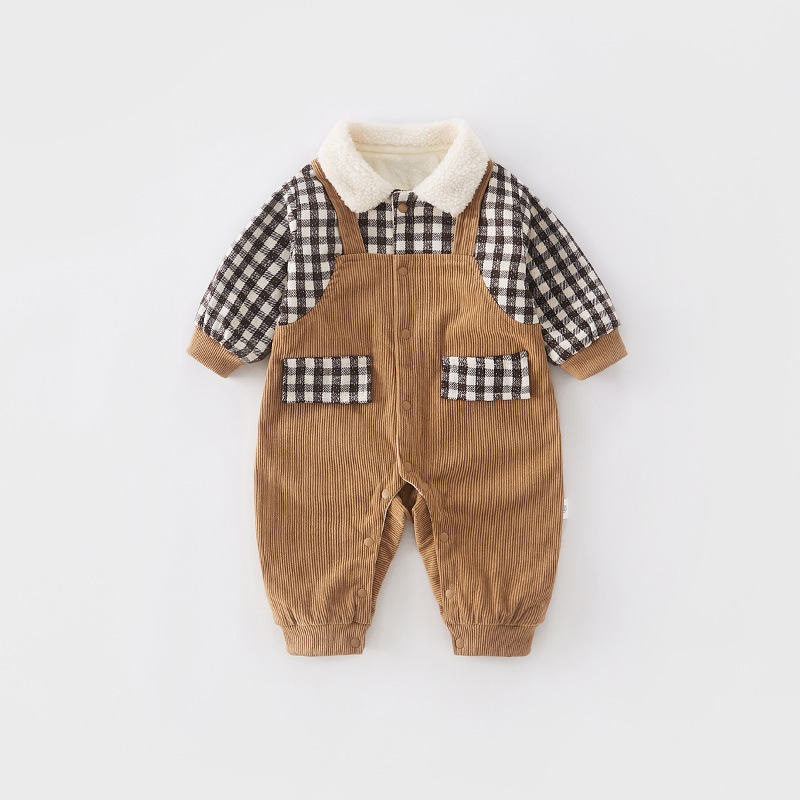 Baby Boy Winter Thicken Plaid Collar Long Sleeve Romper-kissminis