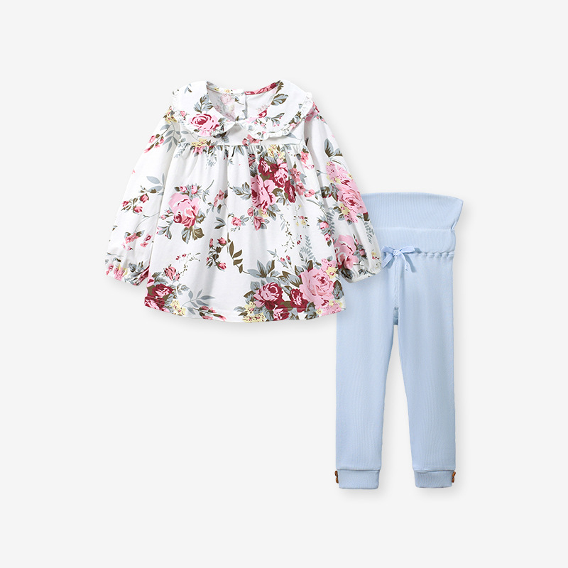 Toddler Girl Allover Roses Pattern Long Sleeve Sweatshirt and Solid Color Pants Set-kissminis