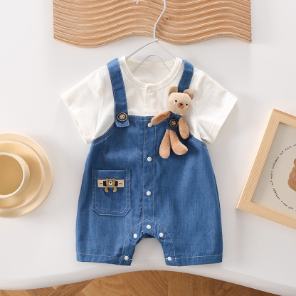Newborn Baby Ruffle Sleeve Breathable Denim Animal Doll Romper
