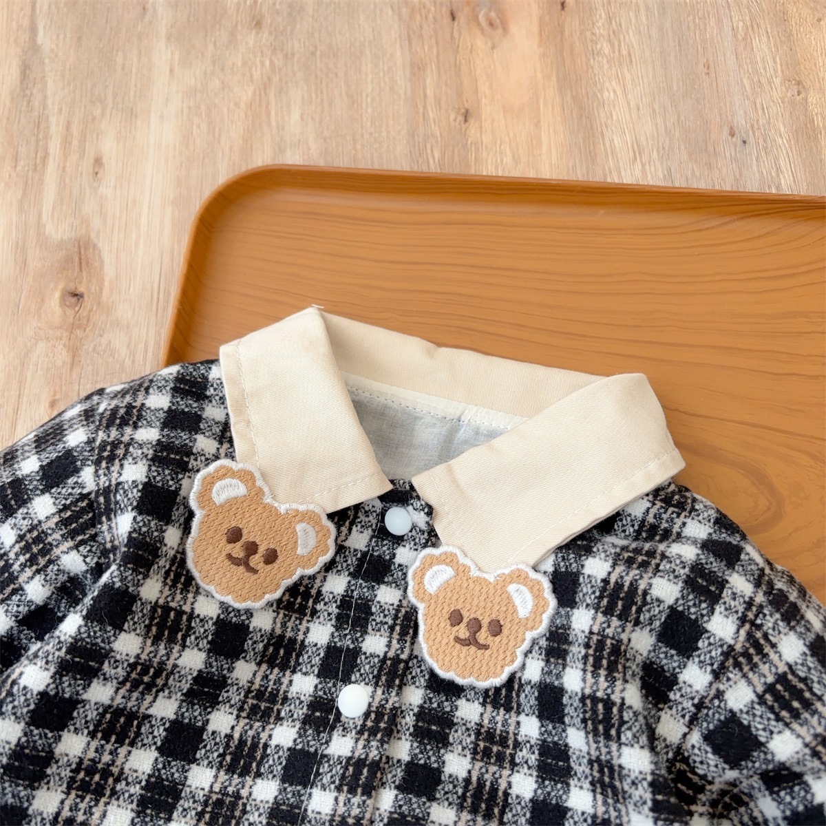 Bear-shaped Collar Decorations Gingham Romper
