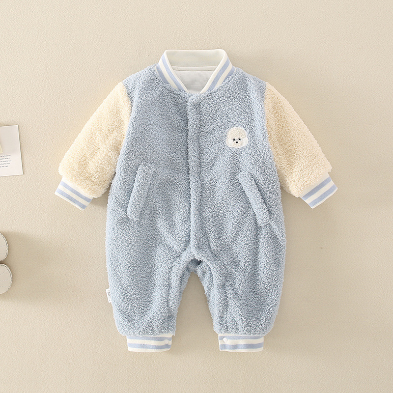 Baby Boy/Girl Winter Cute Dog Embroidery Solid Color Fluff Long Sleeve Romper-kissminis