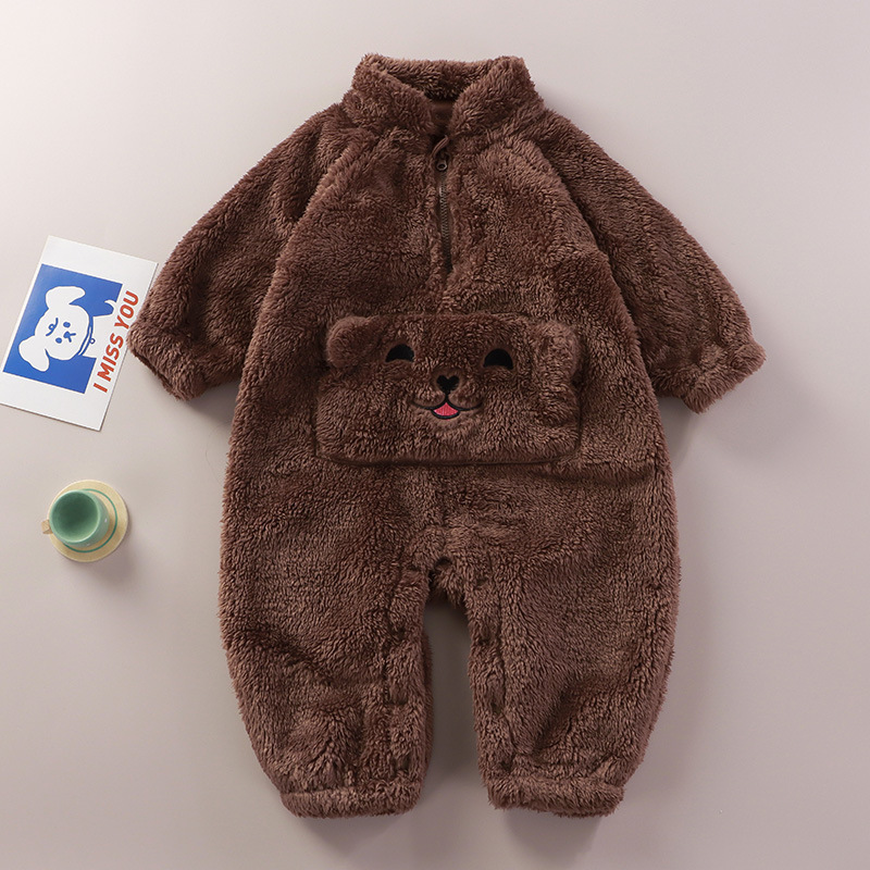 Baby Boy/Girl Cute Animals Pocket Design Solid Color Fluff Long Sleeve Romper-kissminis