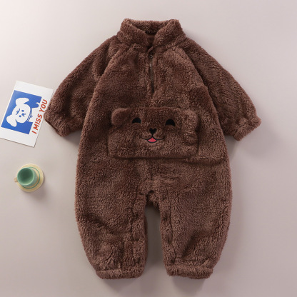 Baby Boy/Girl Cute Animals Pocket Design Solid Color Fluff Long Sleeve Romper-kissminis