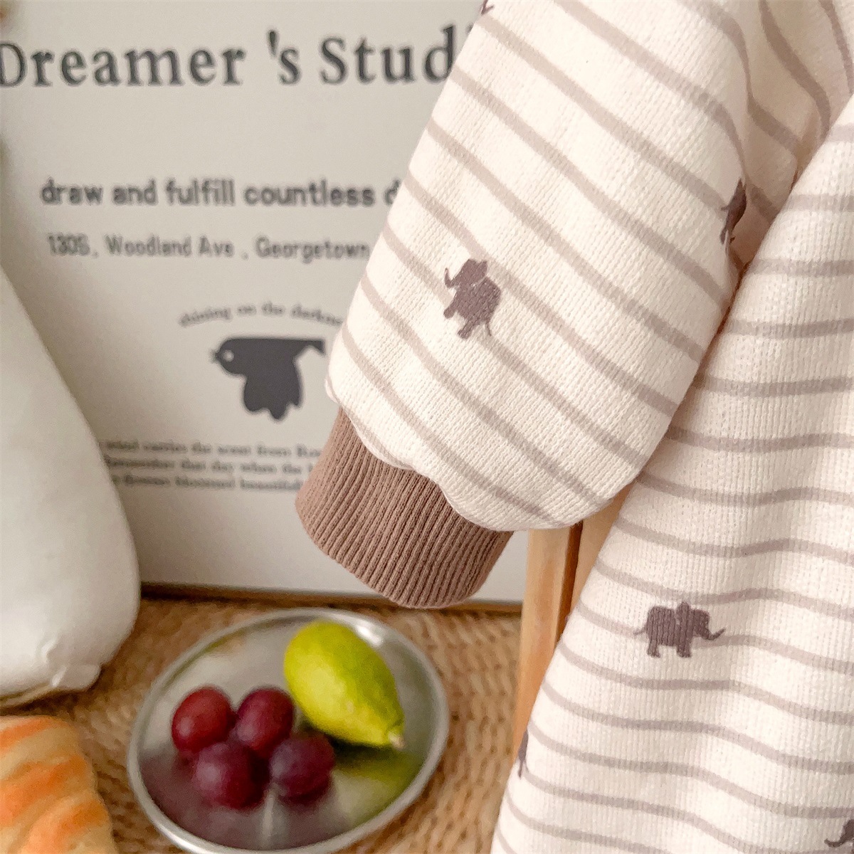 Elephant Print and 3D Dog Decoration on Pocket Striped Romper