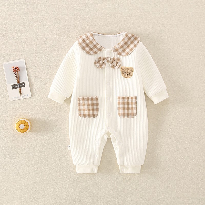 Baby Boy/Girl Embrioderied Bear Gingham Bowknot and Pocket Solid Color Long Sleeve Romper-kissminis