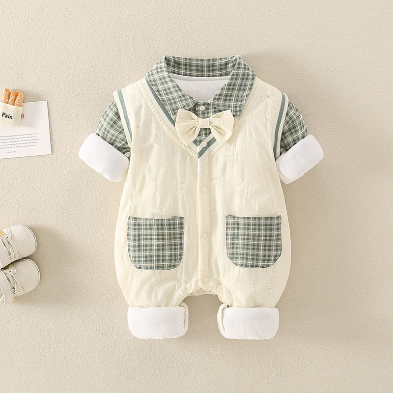 Baby Boy/Girl Fake Two Pieces Solid Color Plaid Long Sleeve Romper-kissminis