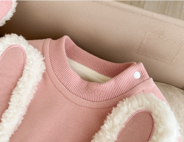 Baby Girl Cute Rabbit Design Solid Color Fluff Long Sleeve Romper and Hat Set-kissminis