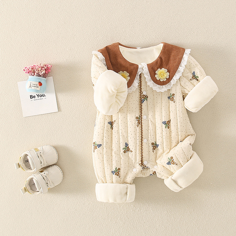 Baby Boy & Girl Dotted with Fowers Graphic Long Sleeve Romper-kissminis