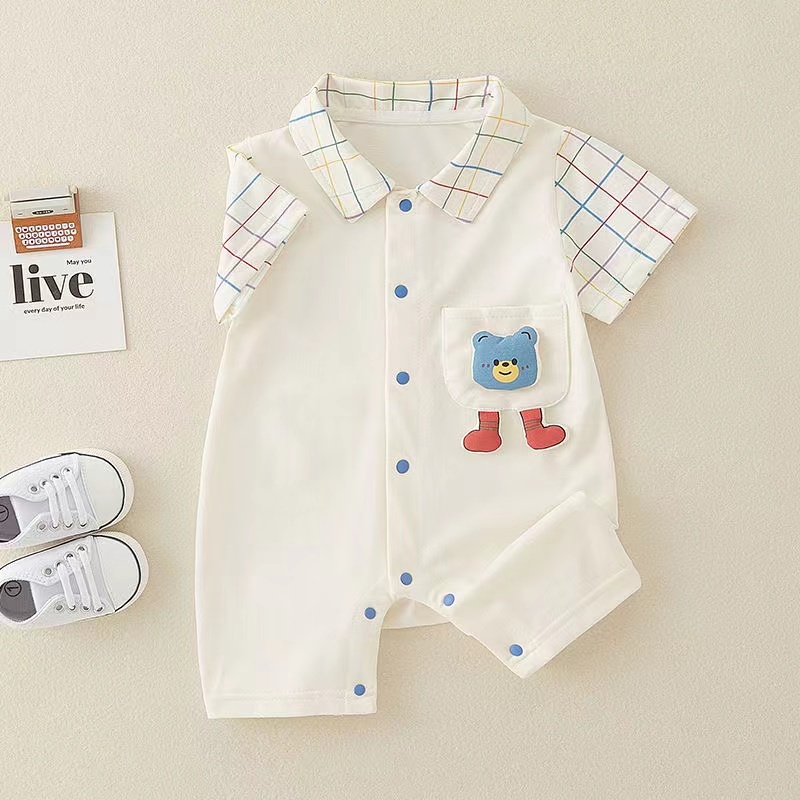 Baby Boy Stereoscopic Bear Plaid Splicing Romper-kissminis