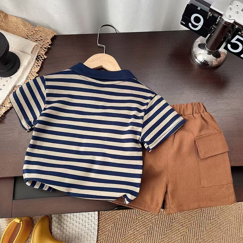 Navy and Beige Striped Polo Short Sleeve Shirt and Brown Shorts Set