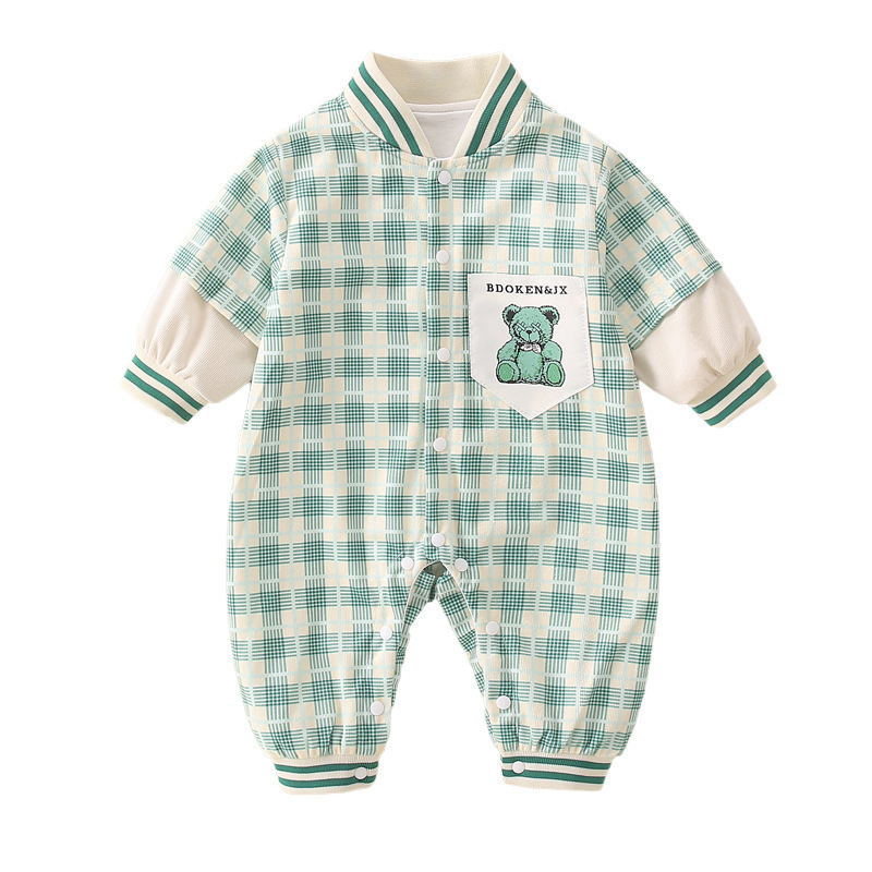 Baby Boy/Girl Gingham Bear Graphic Pocket Patch Long Sleeve Romper-kissminis