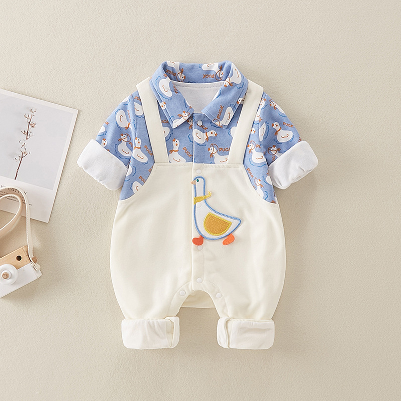 Baby Boy Fake Two Pieces Cute Duck Pattern Long Sleeve Romper-kissminis