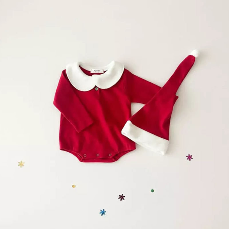2pcs Baby Boy/Girl Christmas Style Solid Color Long Sleeve Bodysuit with Hat Set-kissminis