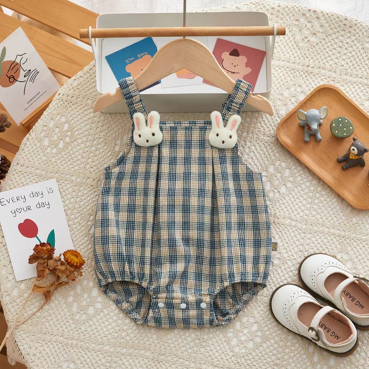 Baby Girl Stereoscopic Rabbit Plaid Sling Bodysuit-kissminis