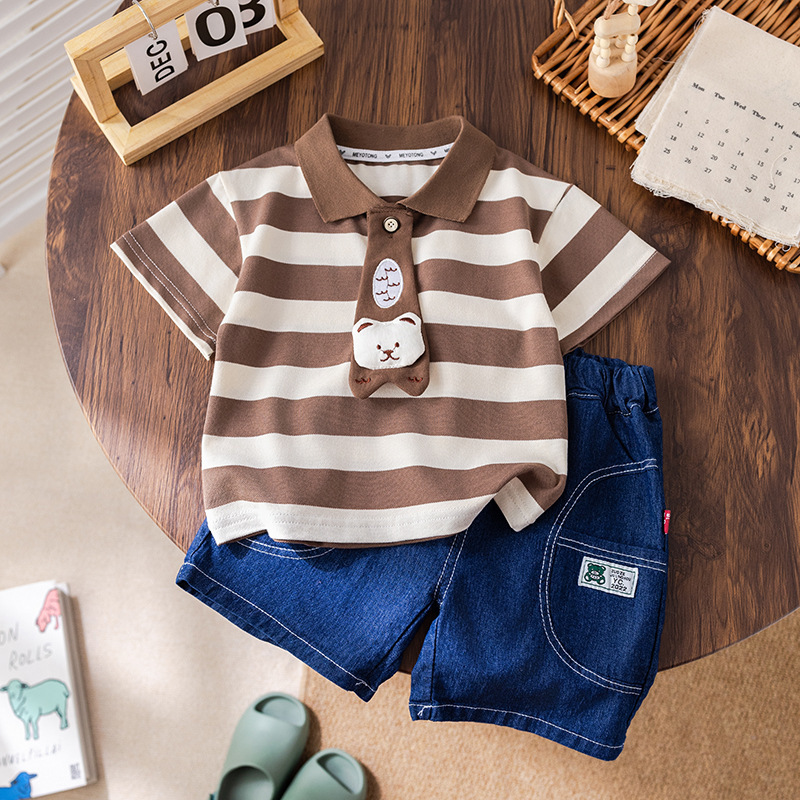 Striped Polo Shirts with Animal Motifs and Denim Shorts Sets