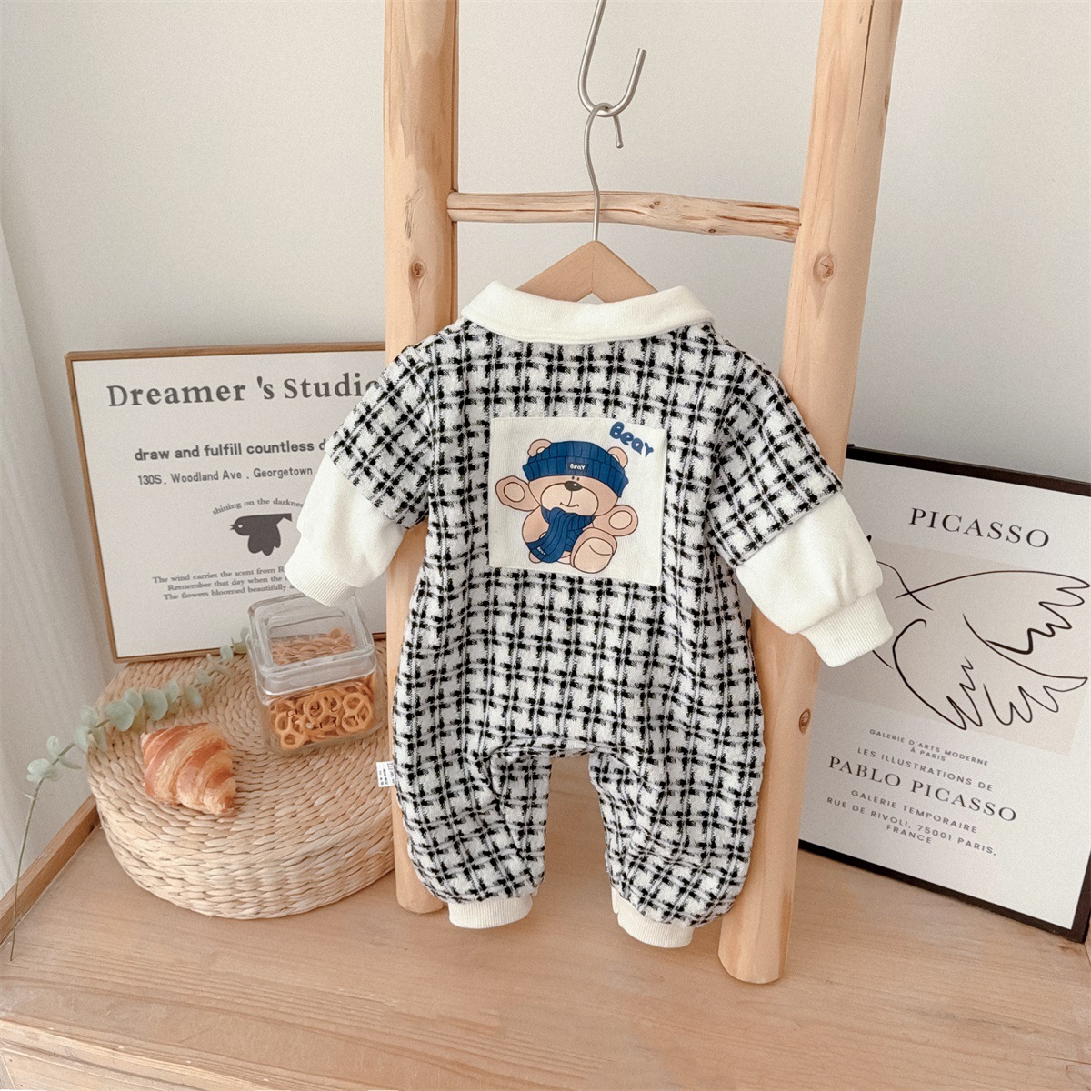 Bear Pocket Emblem Houndstooth Romper