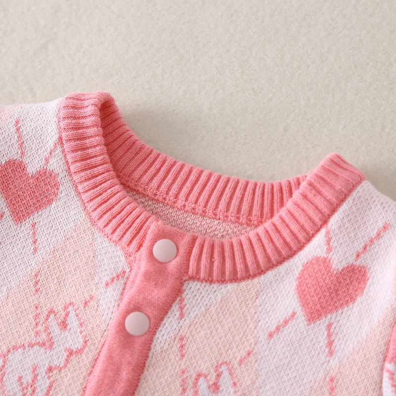 New Born Baby Girl Rabbit & Heart Pattern Button Up Knitted Romper