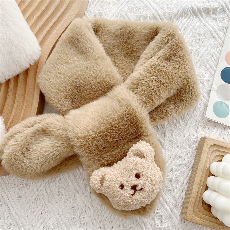 3pcs Baby Boy/Girl Cute Bear Pattern Pocket Solid Color Fluff Long Sleeve Romper with 1 Hat and 1 Scarf-kissminis