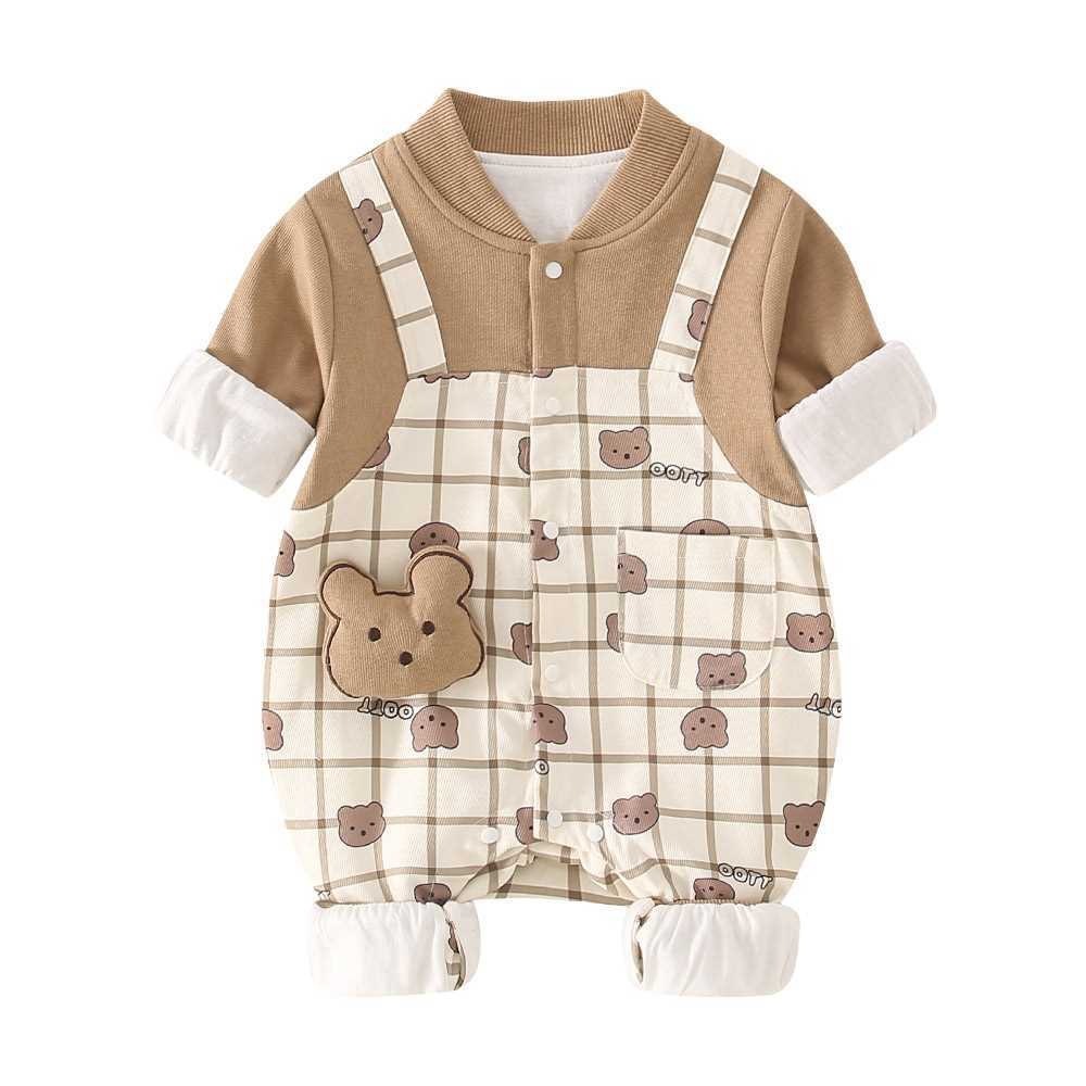 Baby Cartoon Bear Graphic Plaid Long Sleeve Romper-kissminis