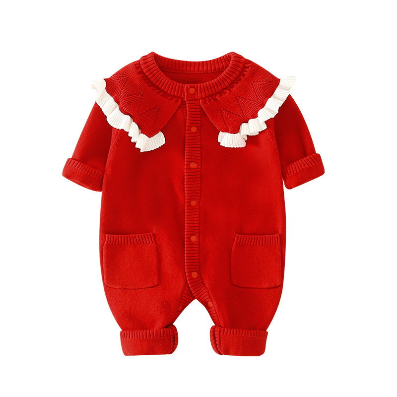 Baby Boy/Girl Crew Neck Solid Color Knit Long Sleeve Romper-kissminis