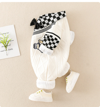 Mock Two-pieces Baby Boy Bear Print Plaid Bow Tie Collar Romper