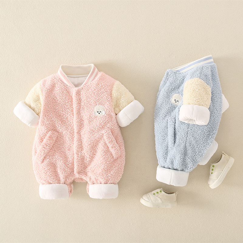 Baby Boy/Girl Winter Cute Dog Embroidery Solid Color Fluff Long Sleeve Romper-kissminis