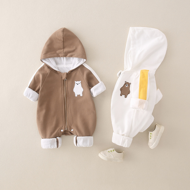 Newborn Baby Bear Pattern Hooded Zippered Long Sleeve Romper-kissminis