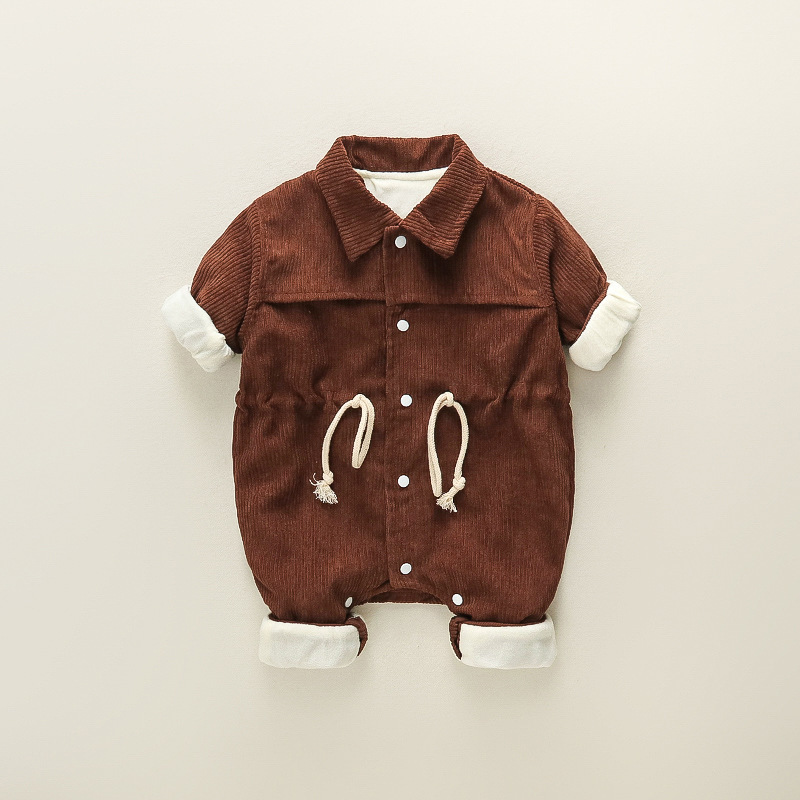 Baby Drawstring Waist Solid Color Corduroy Romper-kissminis
