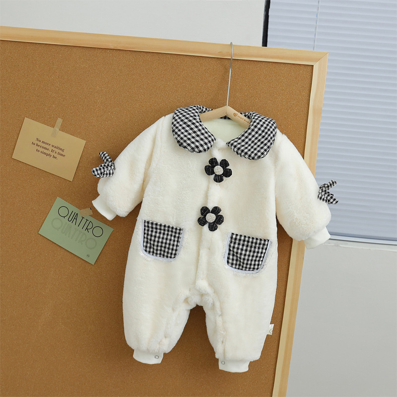 Baby Boy Winter Thicken Floral Plaid Fluff Long Sleeve Romper-kissminis