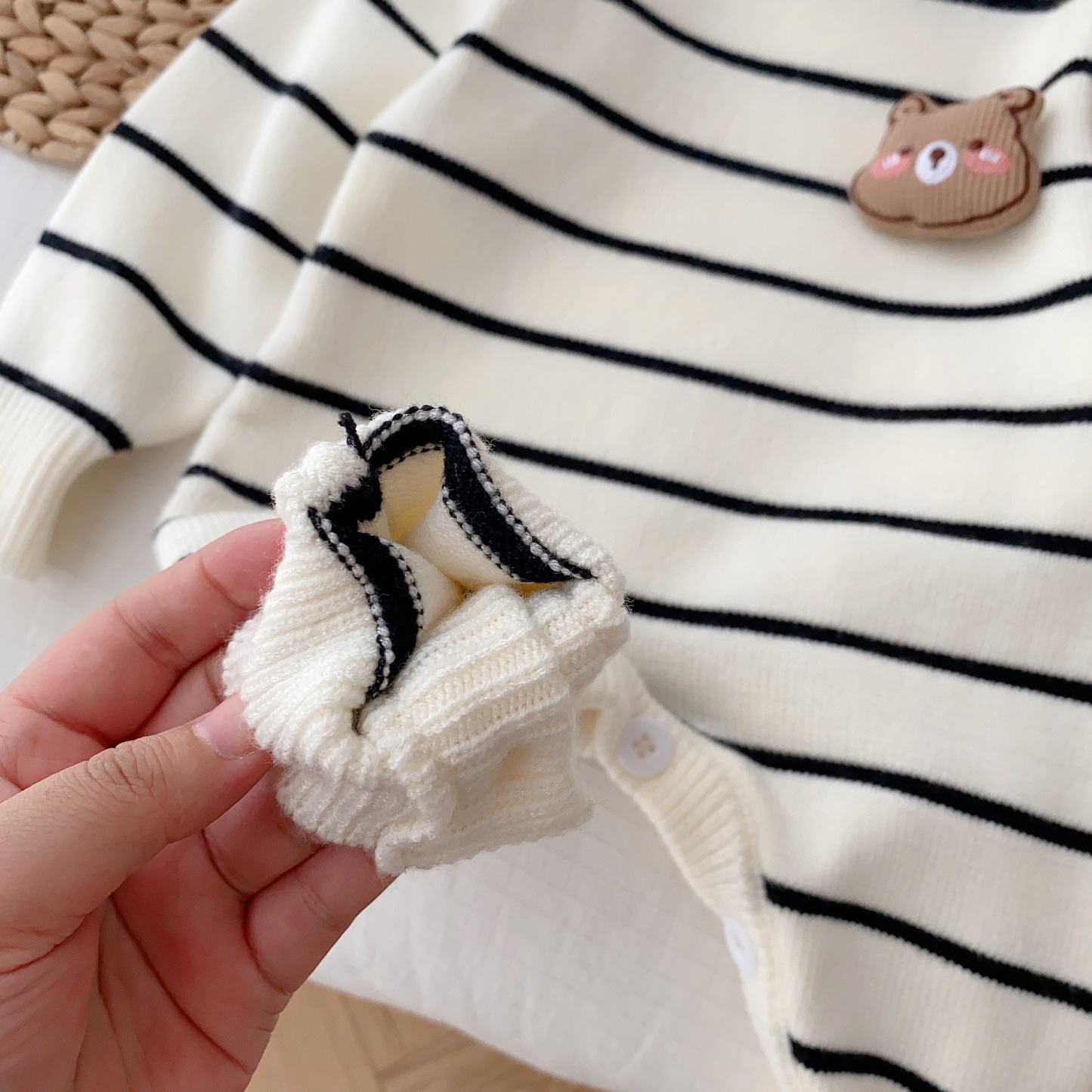 Baby Boy/Girl Cute 3D Bear Solid Color Striped Long Sleeve Romper-kissminis