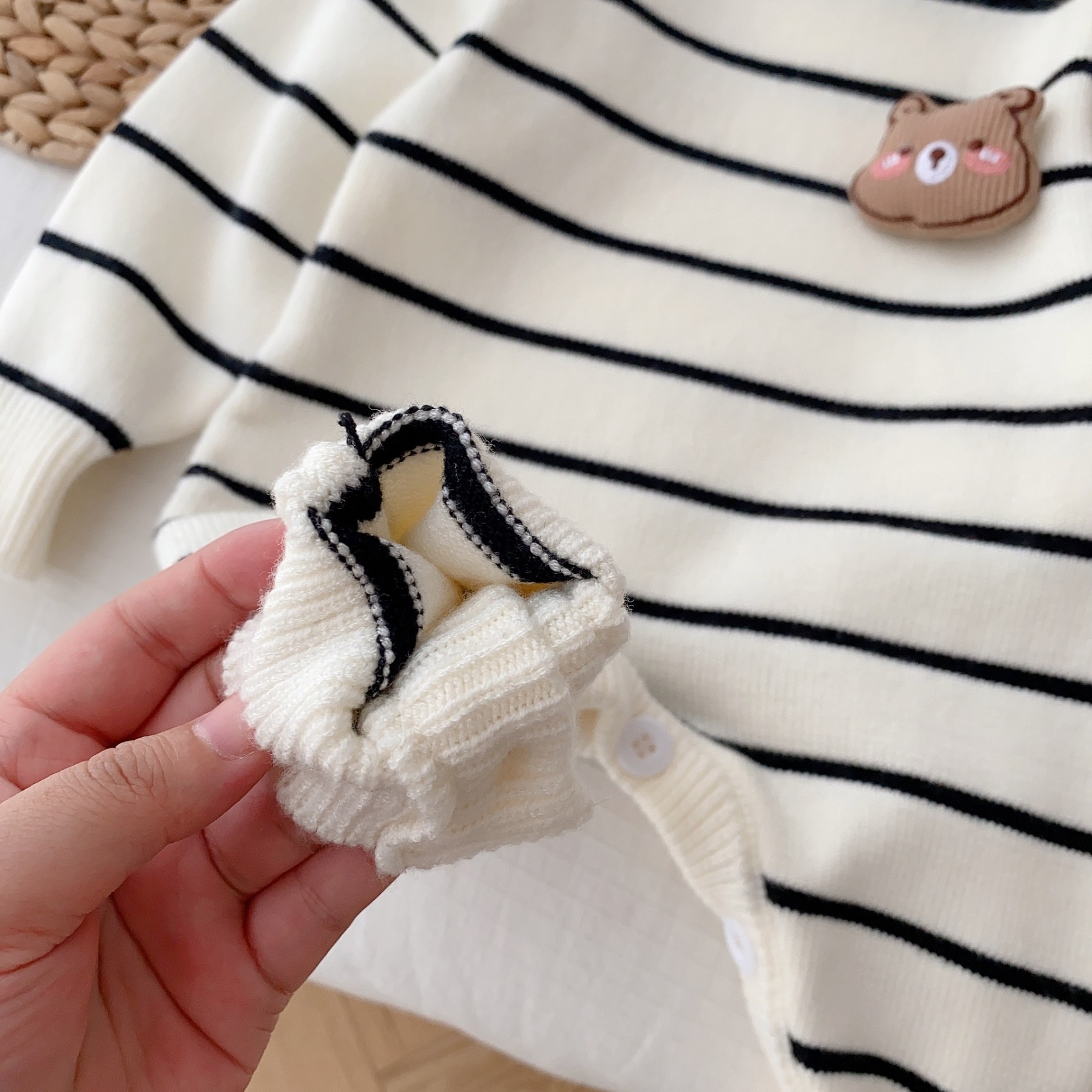 Baby Boy/Girl Cute 3D Bear Solid Color Striped Long Sleeve Romper-kissminis
