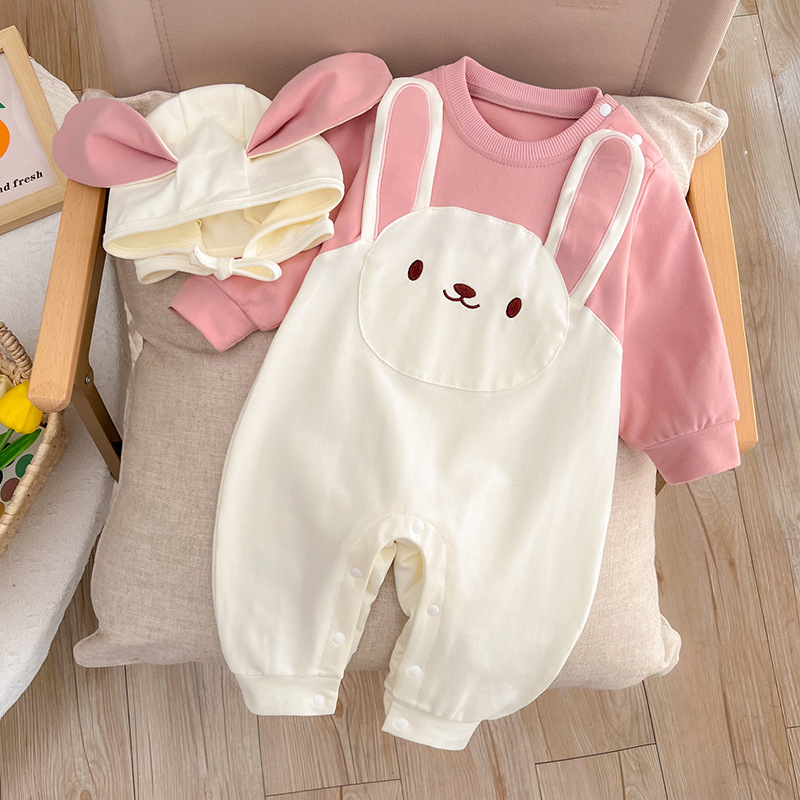 Baby Girl Cute Rabbit Design Long Sleeve Romper and Hat Set-kissminis