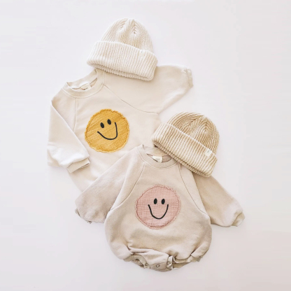Newborn Baby Boy/Girl Smiling Face Patch Long Sleeve Casual Bodysuit