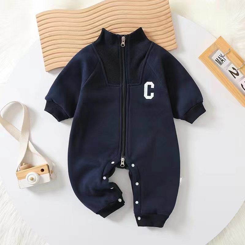 Baby Boy/Girl Solid Color Stand Collar "C" Print Long Sleeve Romper-kissminis