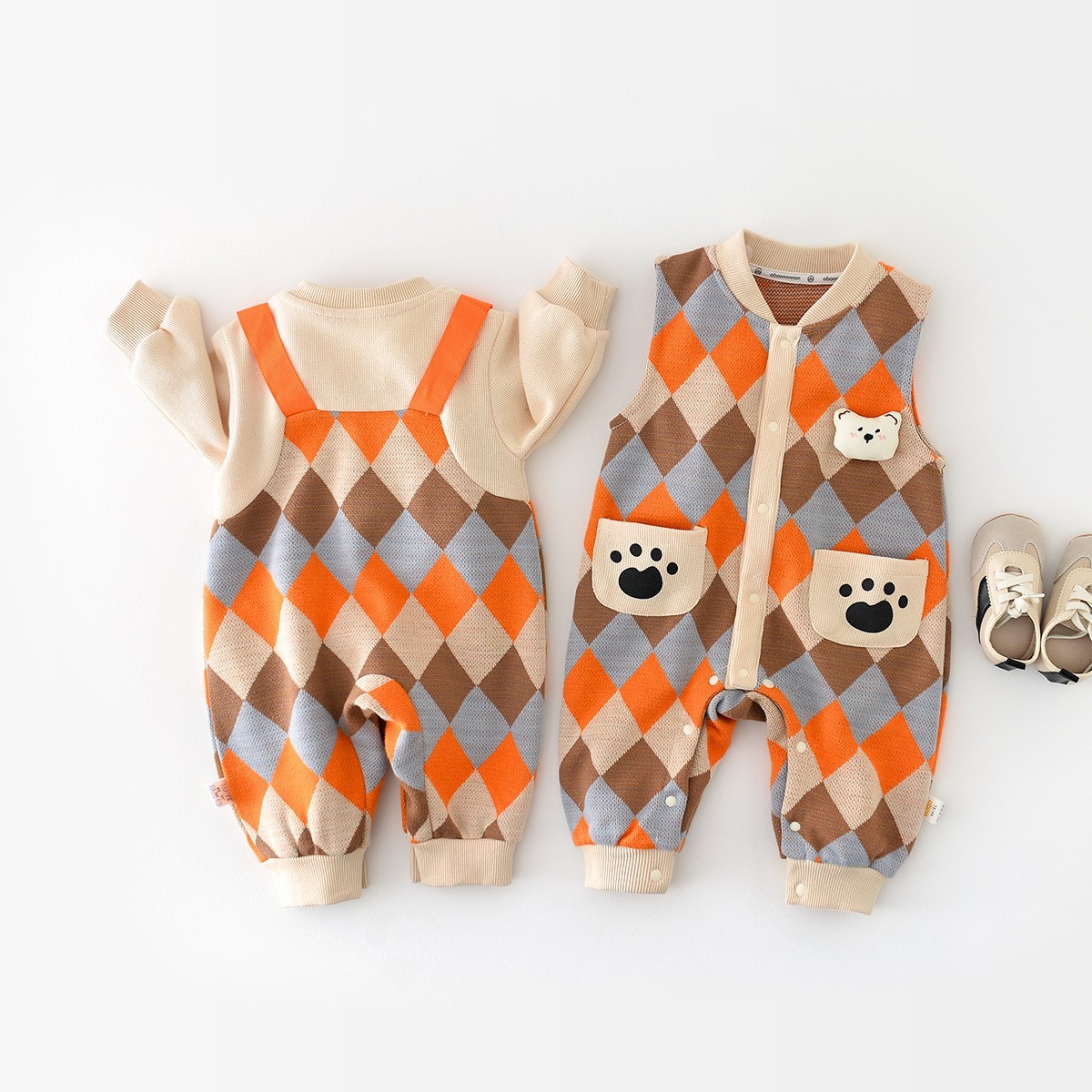 Baby Boy/Girl Little Bear Ginghem Sleeveless/Long Sleeve Romper-kissminis