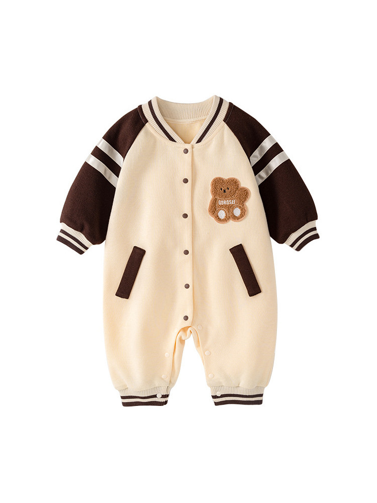 Baby Boy Cute Fluff Bear Graphic Pocket Long Sleeve Romper-kissminis