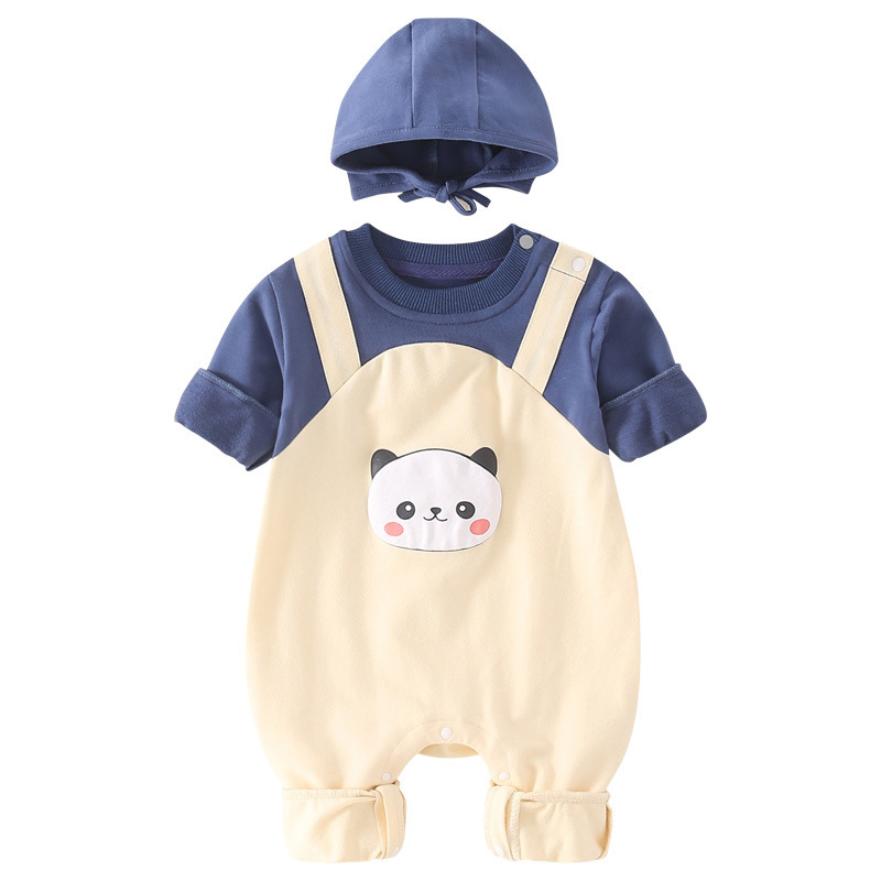2pcs Baby Girl/Boy Fake Two Pieces Cartoon Panda Print Long Sleeve Romper with Hat Set-kissminis