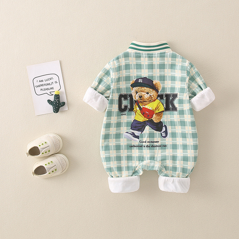 Baby Boy/Girl Gingham Bear Graphic Pocket Patch Long Sleeve Romper-kissminis