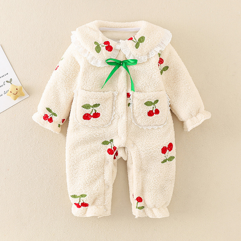 Winter Newborn Baby Boy & Girl Cherry Pattern Fluff Long Sleeve Romper-kissminis
